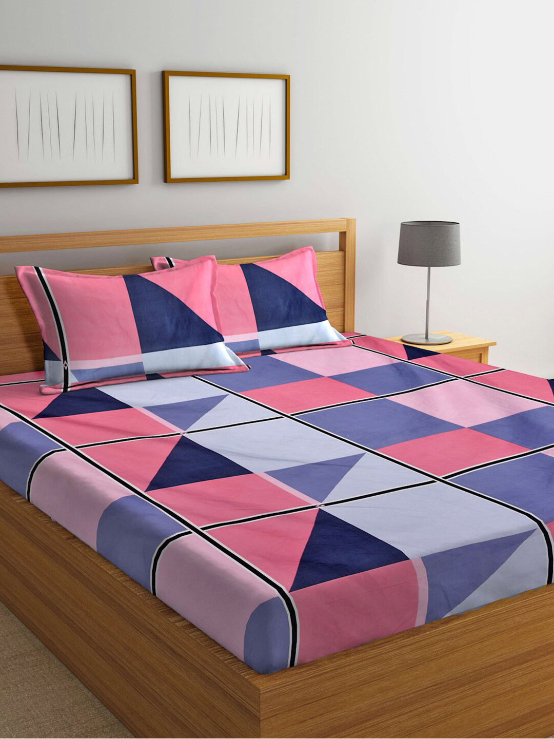 

FABINALIV Pink & Purple Geometric 300 TC Fitted King Bedsheet with 2 Pillow Covers