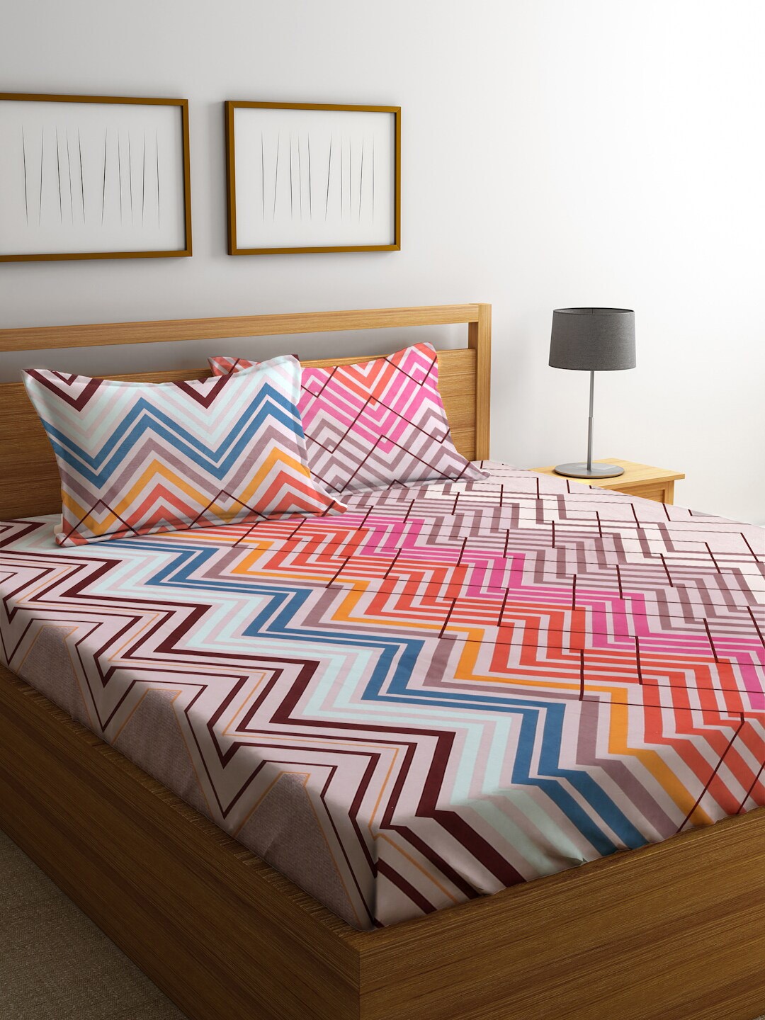 

FABINALIV Pink & Blue Geometric Print 300 TC Fitted Super King Bedsheet & 2 Pillow Covers