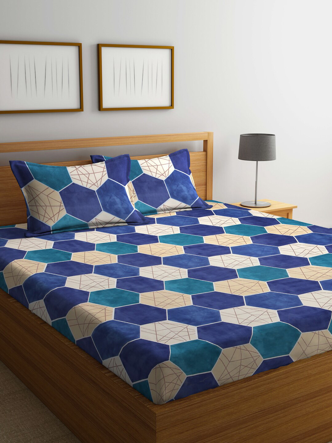 

FABINALIV Blue & Beige Geometric 300 TC Fitted King Bedsheet with 2 Pillow Covers