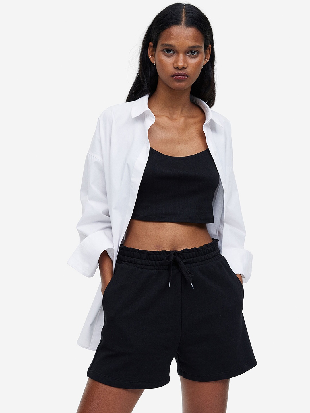 

H&M Women Paper Bag Sweatshirt Shorts, Black