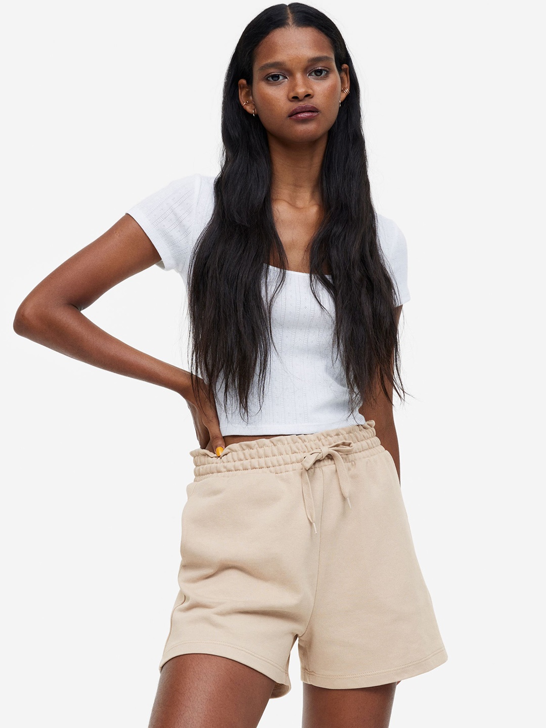 

H&M Women Paper Bag Sweatshirt Shorts, Beige
