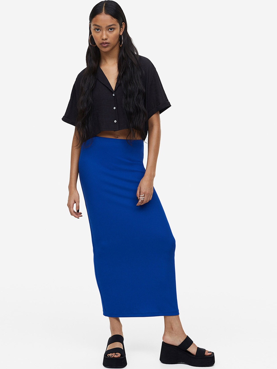

H&M Women Ribbed Pencil Straight Skirt, Blue