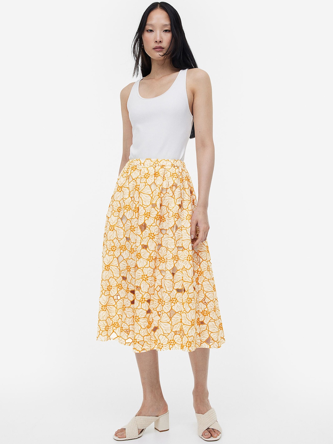 

H&M Women Floral-Printed Broderie Anglaise A-Line Skirt, Orange