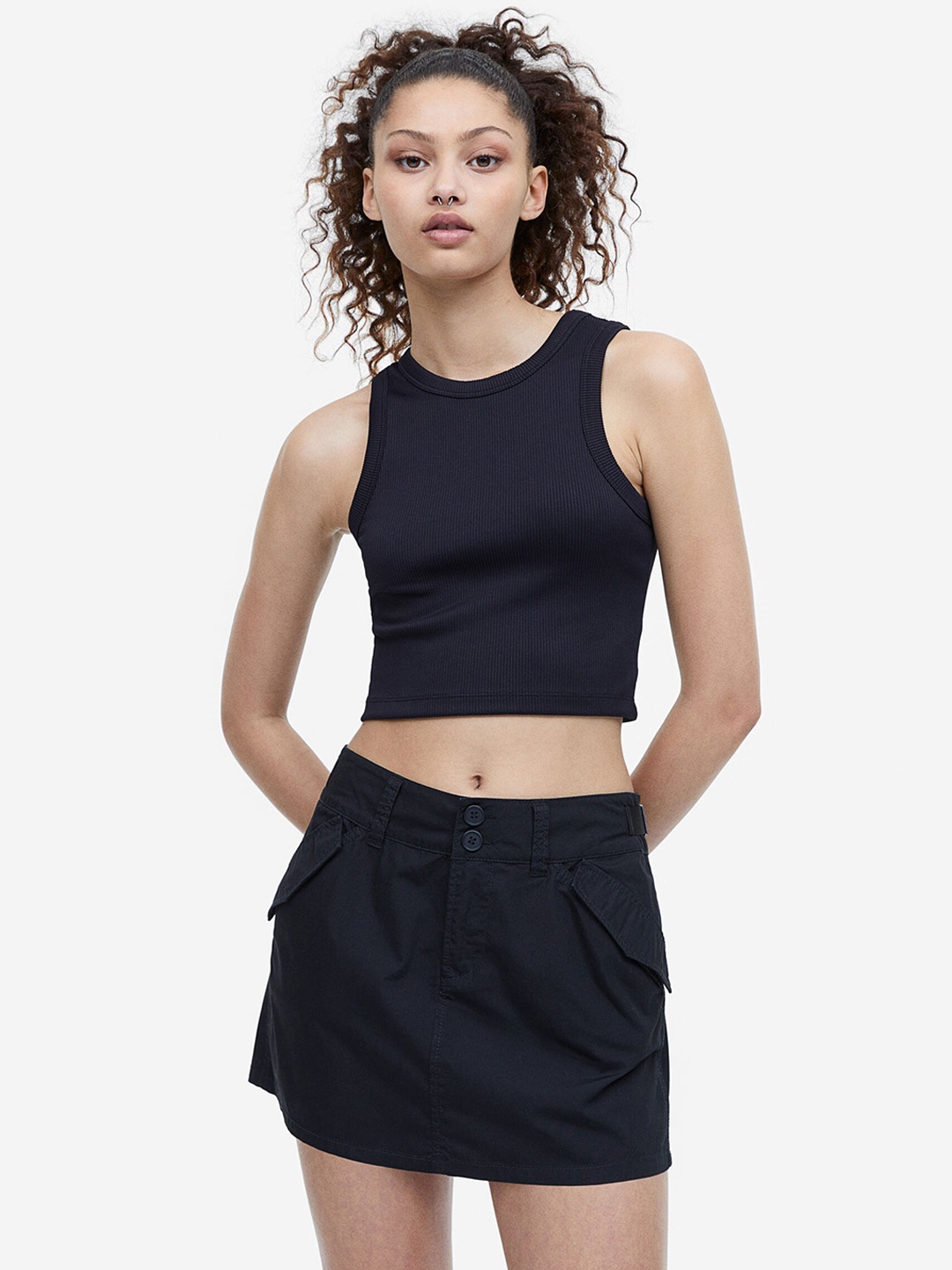 

H&M Women Low-Waisted Utility Pure-Cotton A-Line Skirt, Black