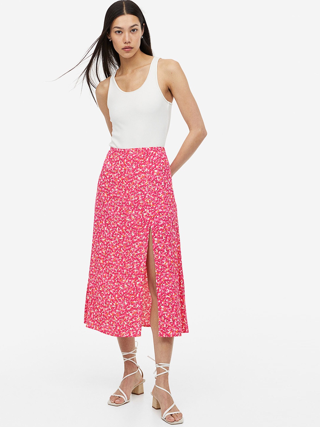 

H&M Women Floral-Printed Crepe A-Line Skirt, Pink