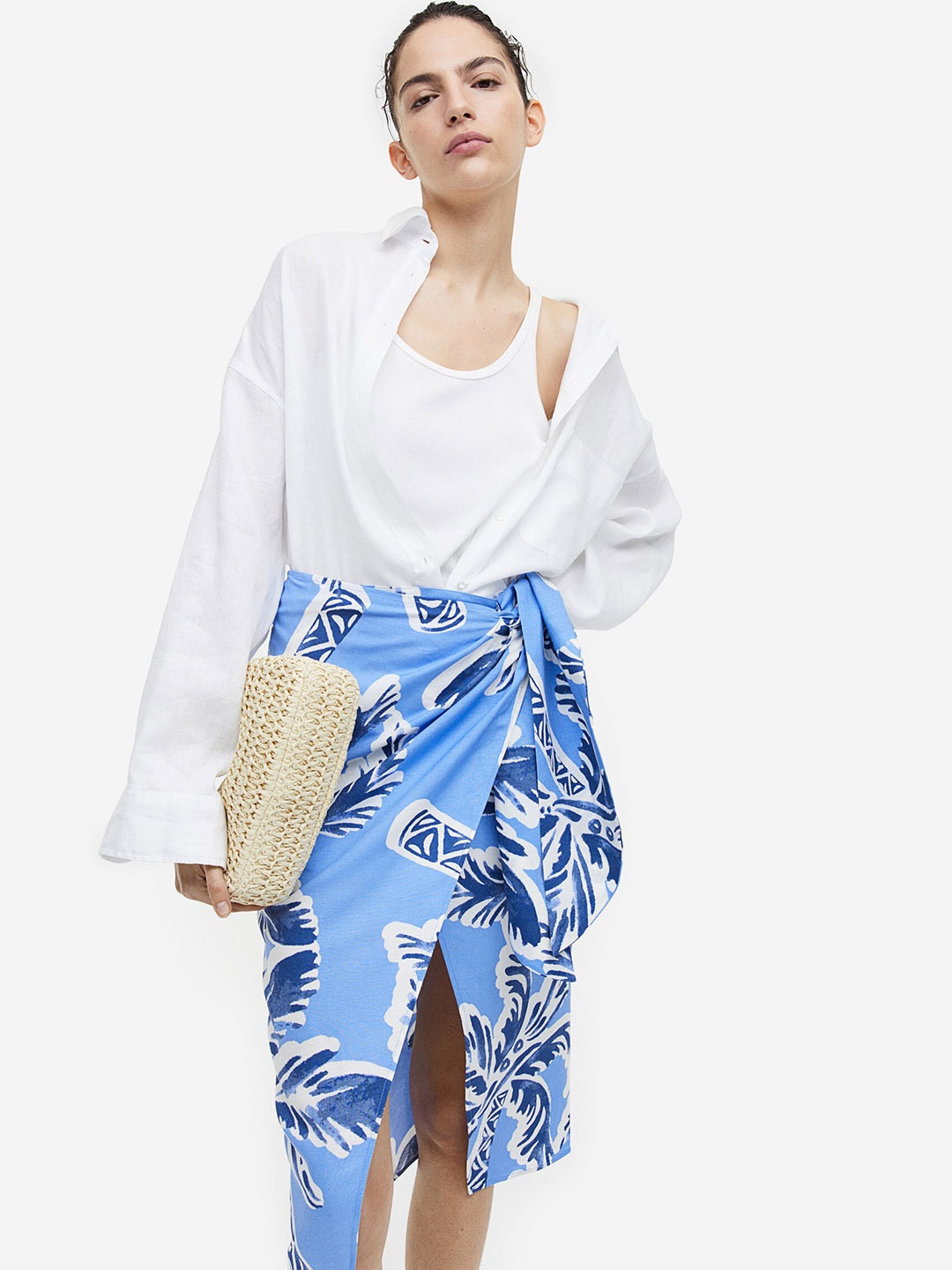 

H&M Women Floral-Printed Wrapover Skirt, Blue