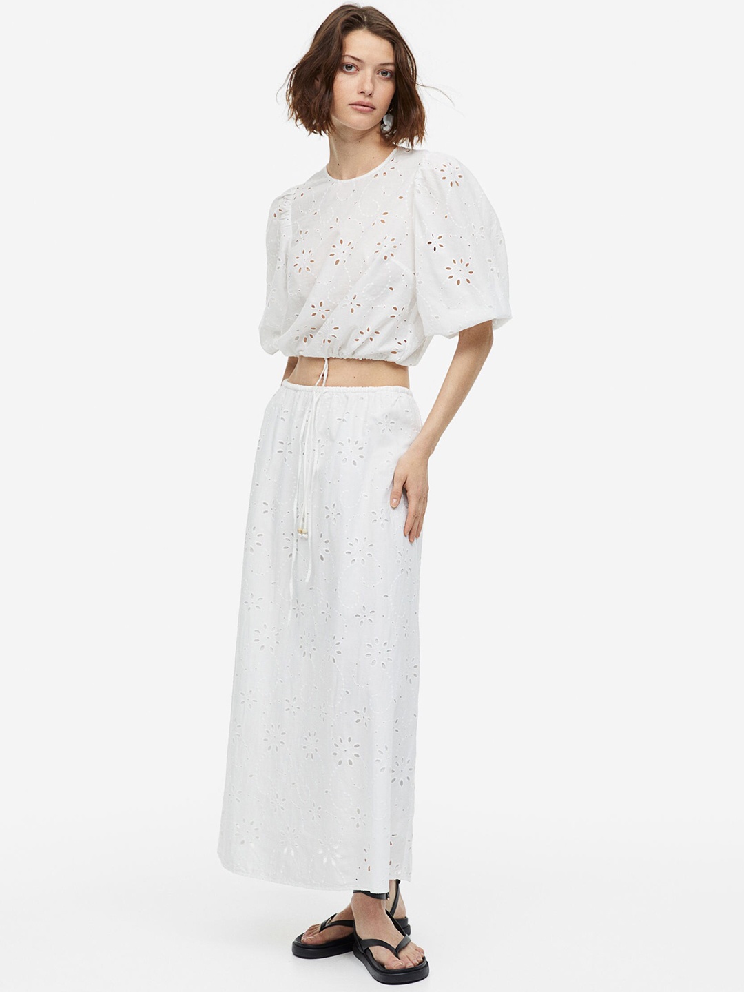 

H&M Women Broderie Anglaise Pure-Cotton Straight Skirt, White