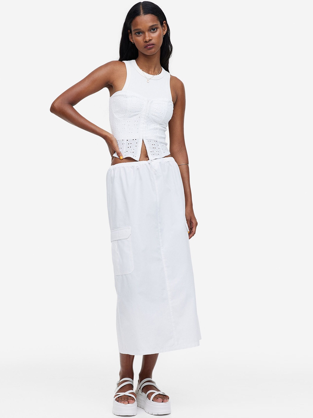 

H&M Women Loose-Fit Parachute Pure-Cotton Straight Skirt, White
