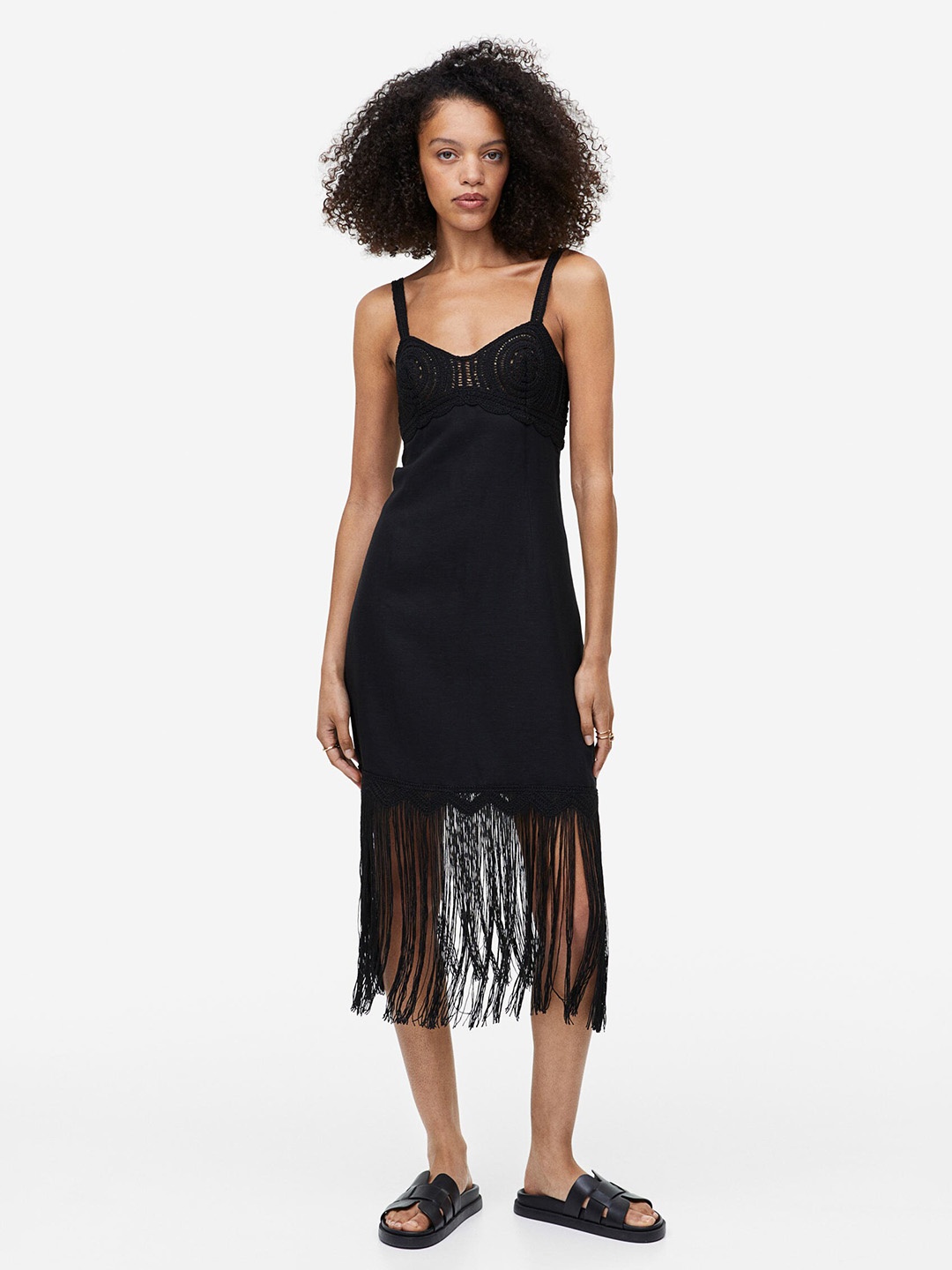 

H&M Fringed Linen-Blend Dress, Black