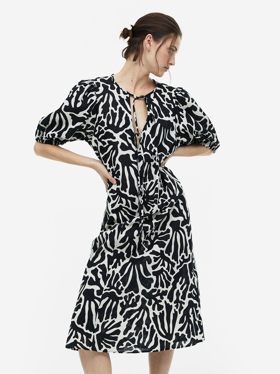 

H&M Tie-Detail Linen-Blend Dress, Black