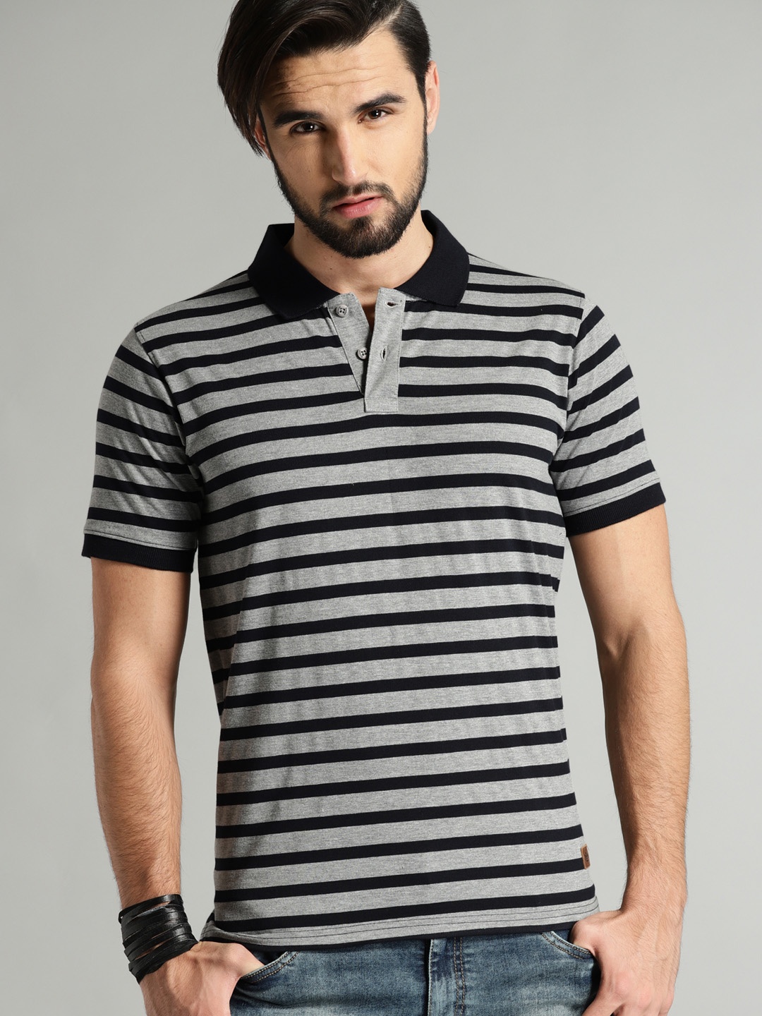 

Roadster Men Grey & Navy Blue Striped Polo Collar T-shirt