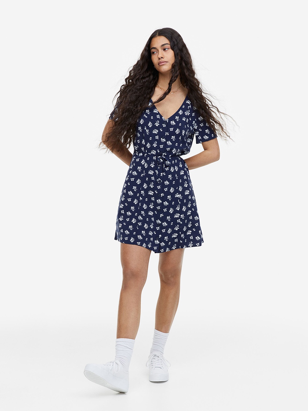 

H&M Tie-detail Button-Front Dress, Blue