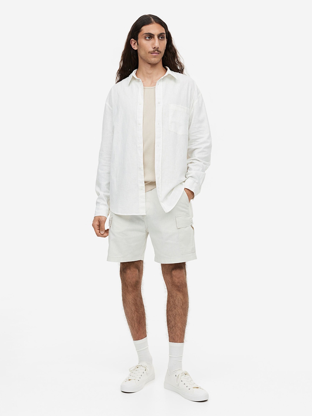 

H&M Men Relaxed Fit Linen-Blend Shirt, White