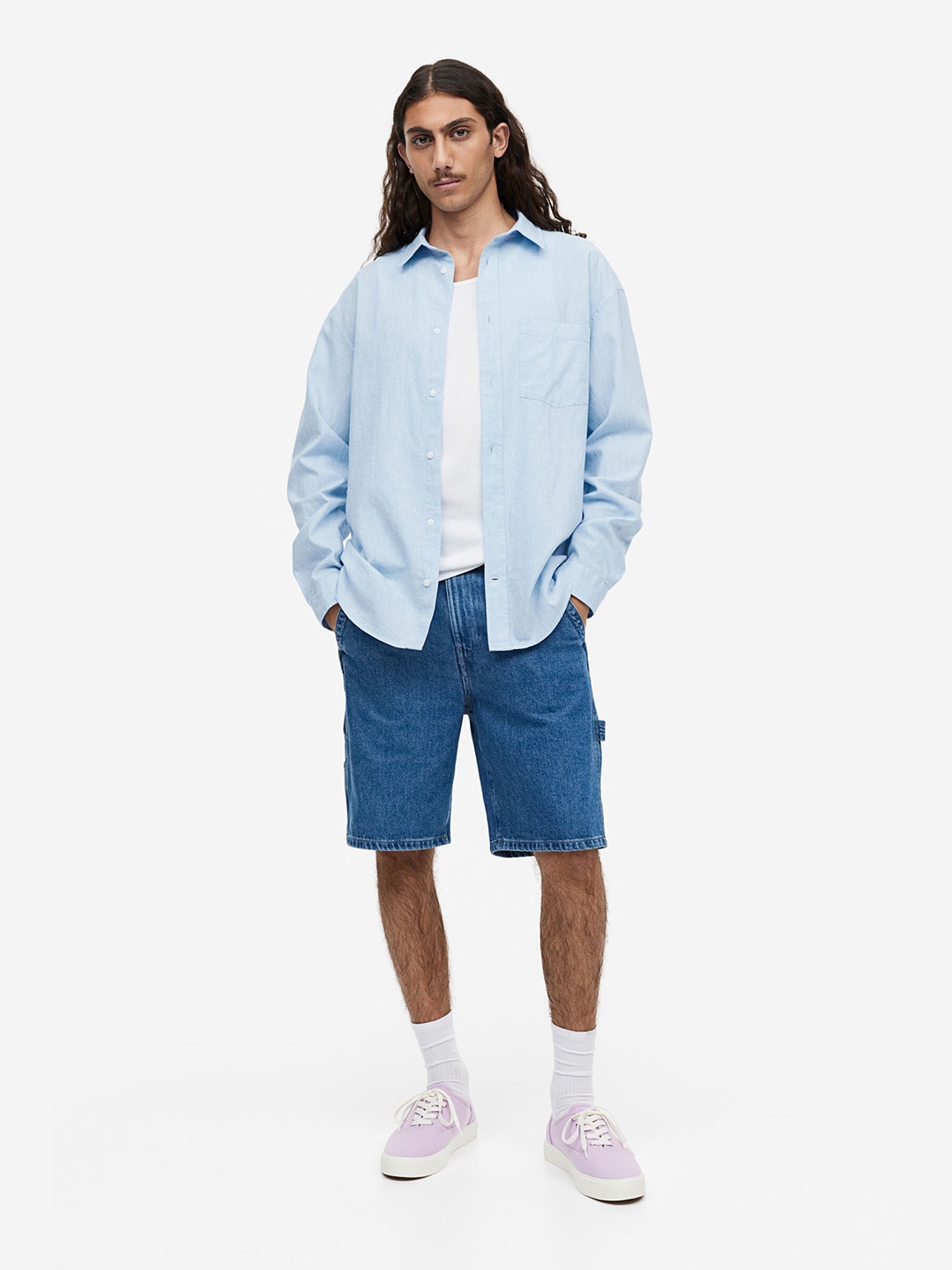 

H&M Men Relaxed Fit Linen-Blend Shirt, Blue