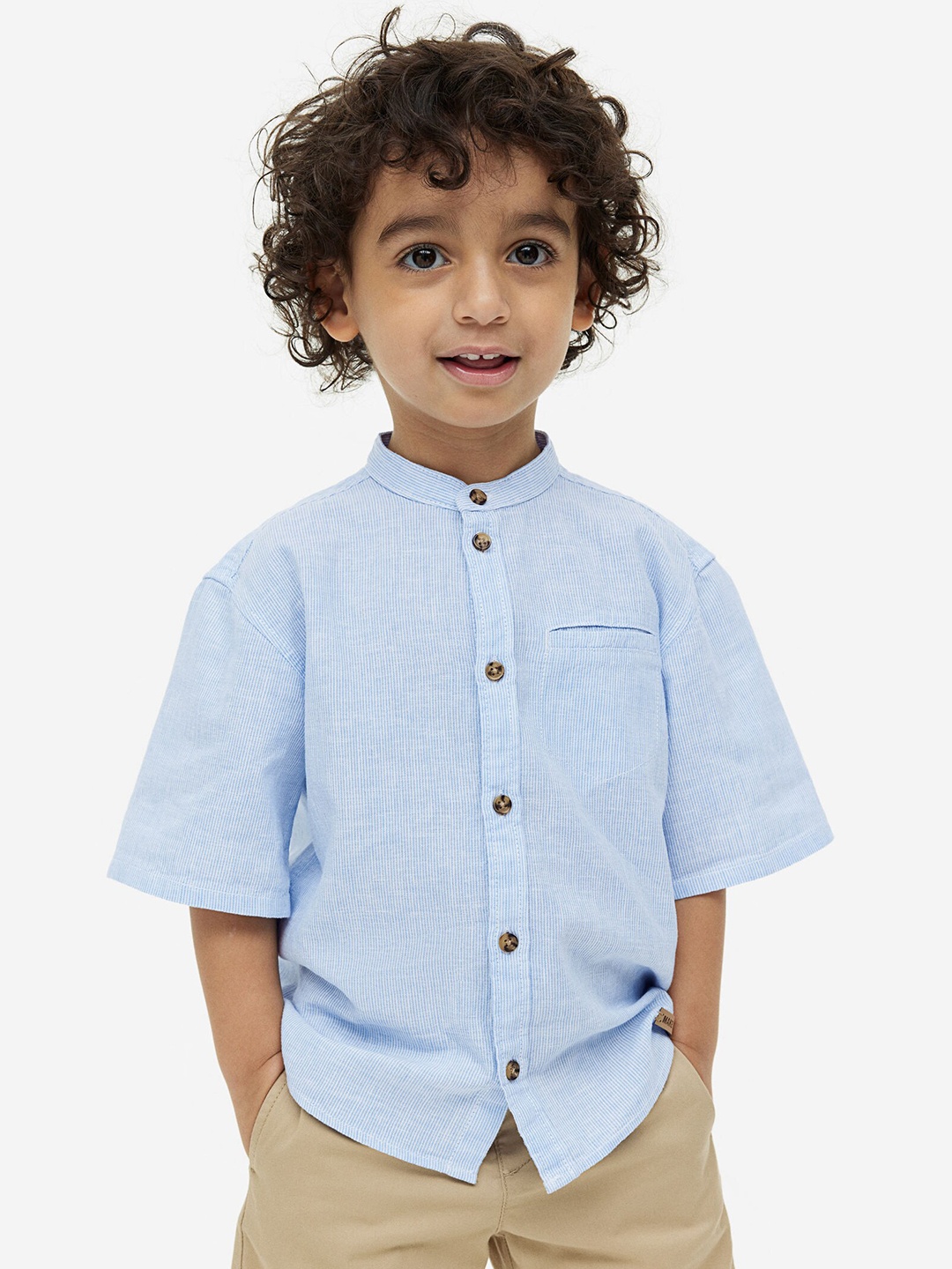 

H&M Boys Linen-Blend Grandad Shirt, Blue