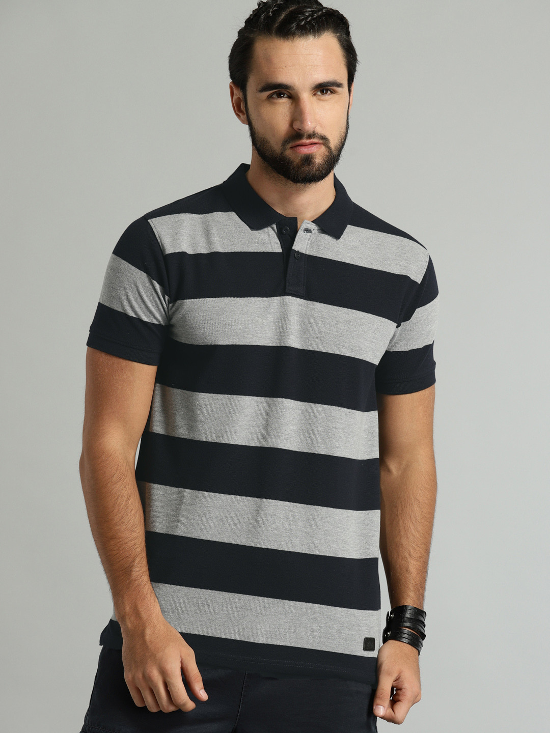 

Roadster Men Navy Blue & Grey Striped Polo Collar T-shirt