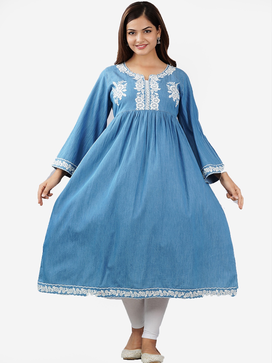 

SUMAVI-FASHION Floral Yoke Design Thread Work Denim Anarkali Kurta, Blue