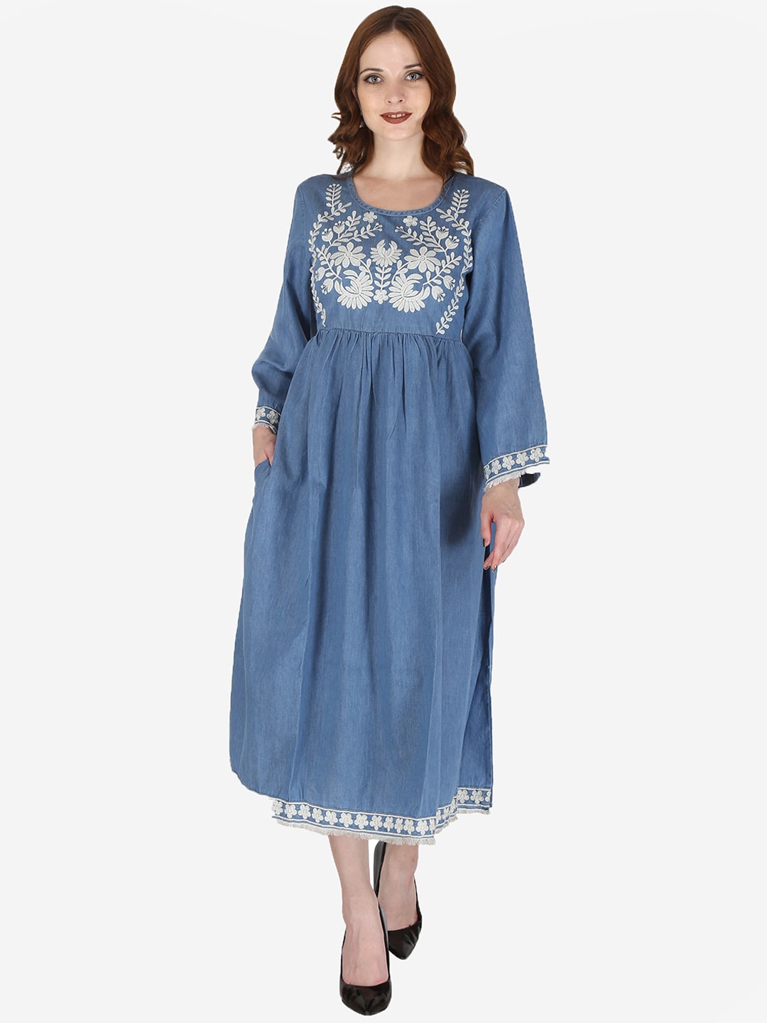 

SUMAVI-FASHION Ethnic Motifs Embroidered Chikankari Denim A-Line Ethnic Dress, Blue