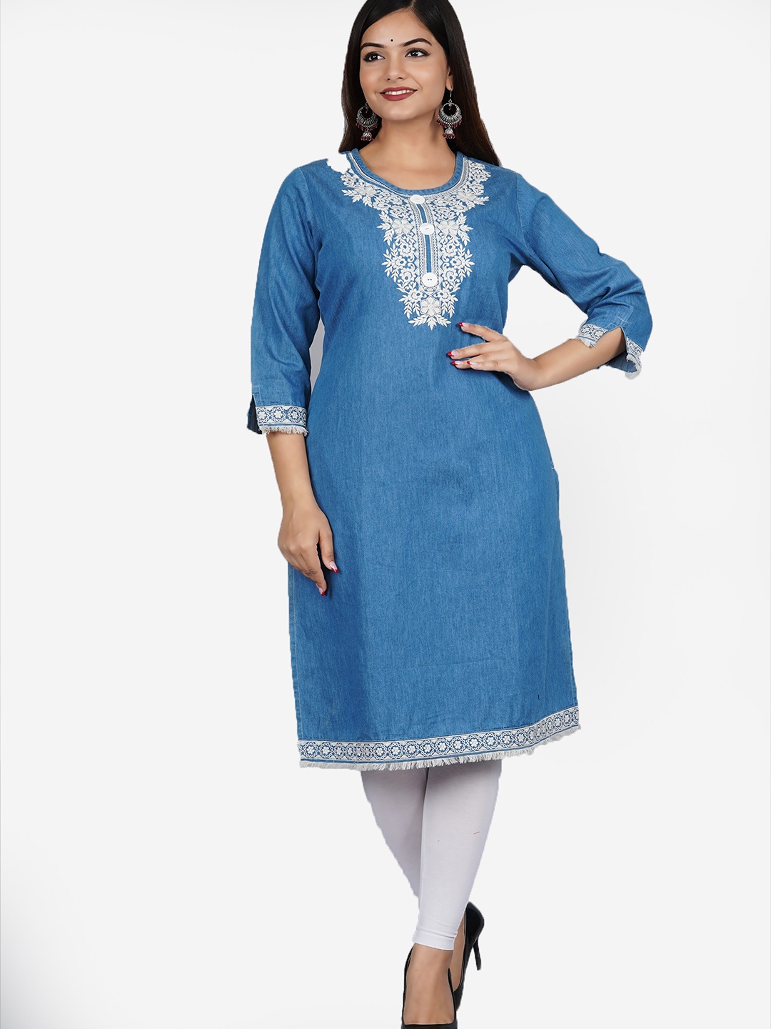 

SUMAVI-FASHION Ethnic Motifs Yoke Design Thread Work Denim Kurta, Blue