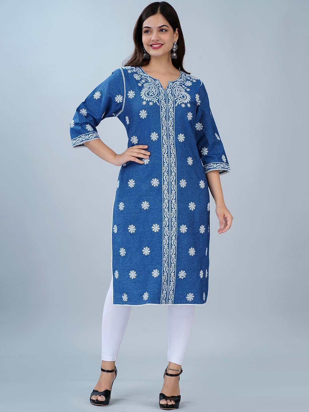 SUMAVI-FASHION Floral Embroidered Thread Work Denim Kurta, Blue
