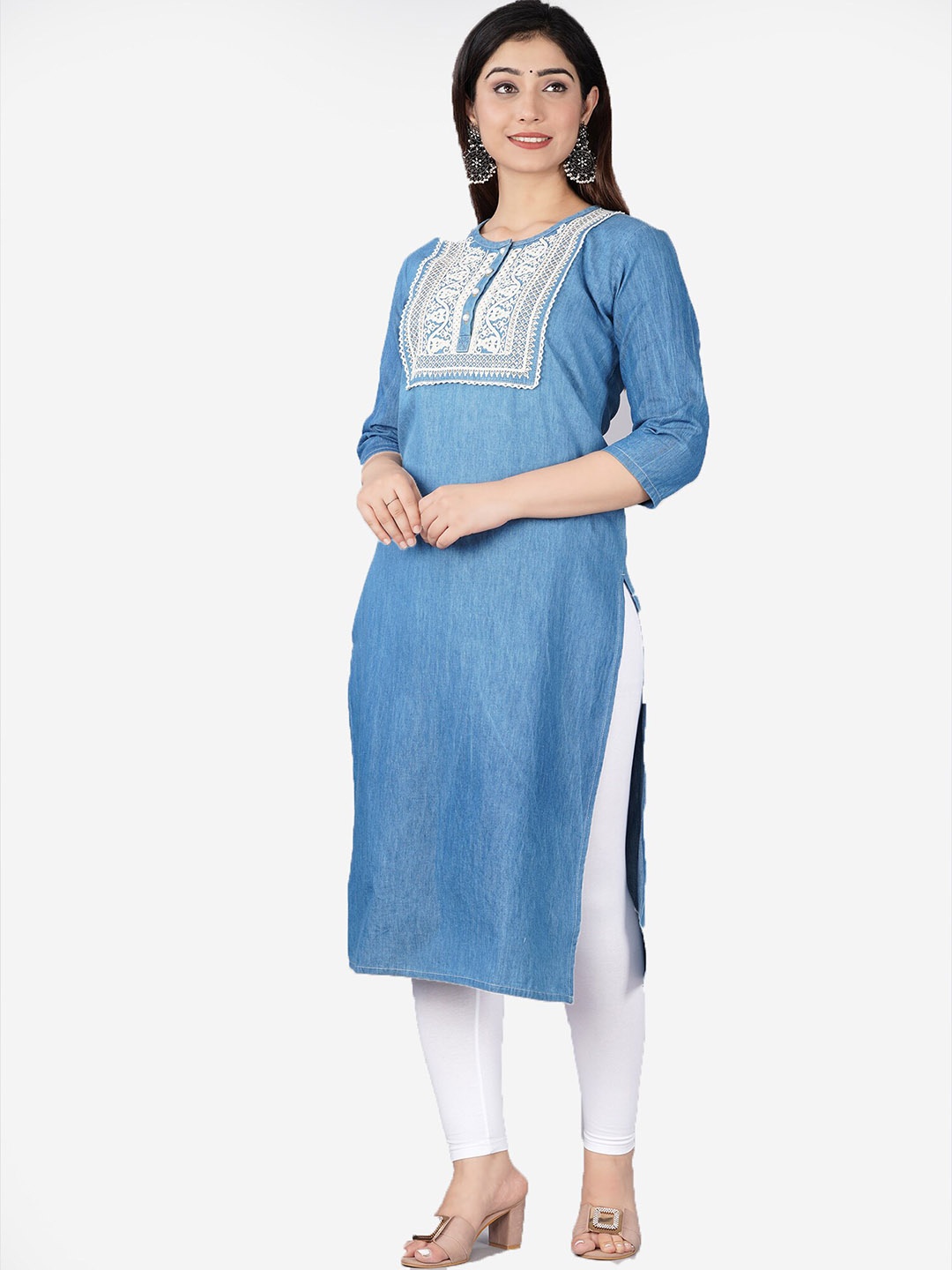 

SUMAVI-FASHION Ethnic Motifs Yoke Design Denim Kurta, Blue