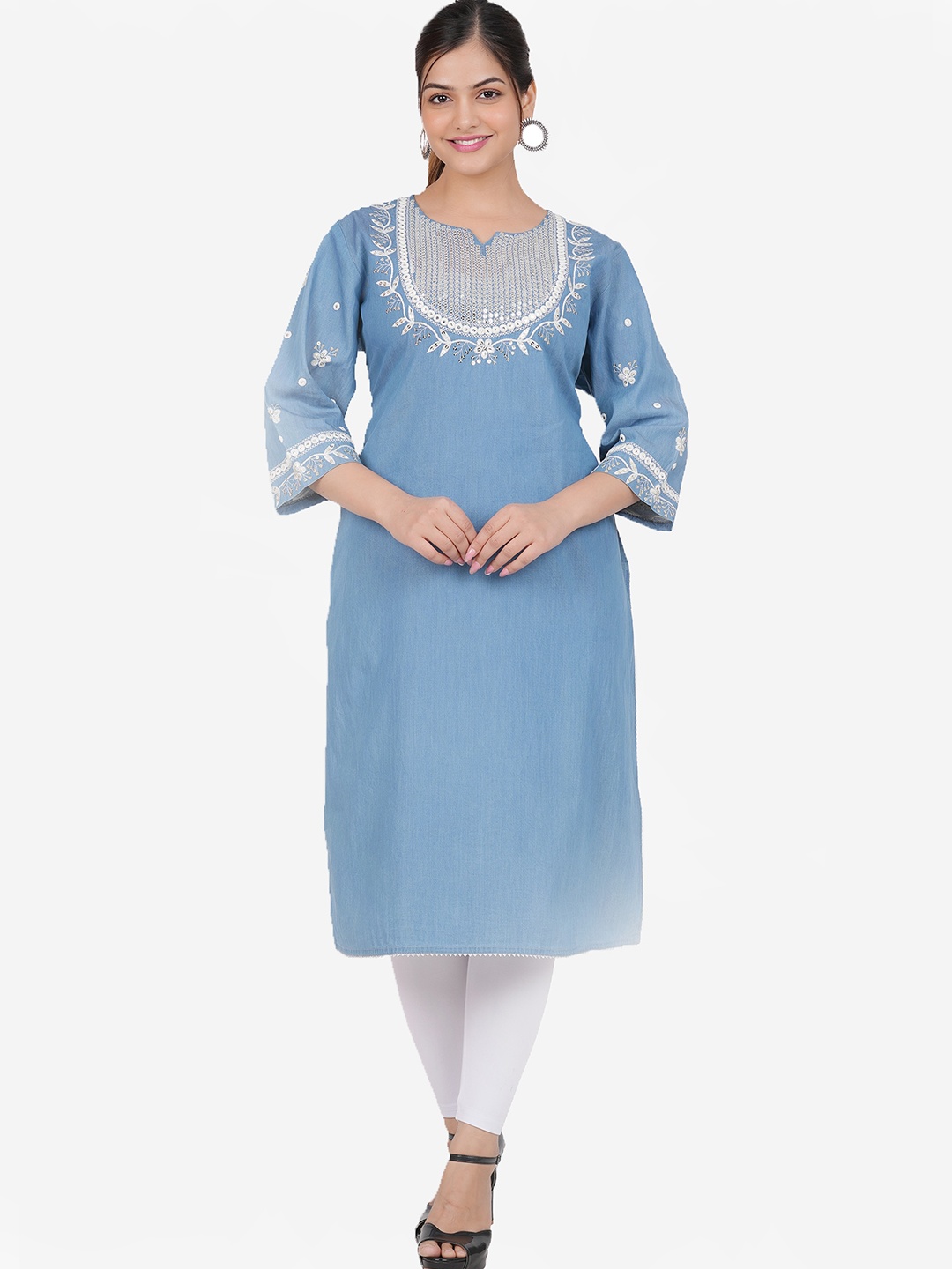 

SUMAVI-FASHION Yoke Design Embroidered Denim Kurta, Blue