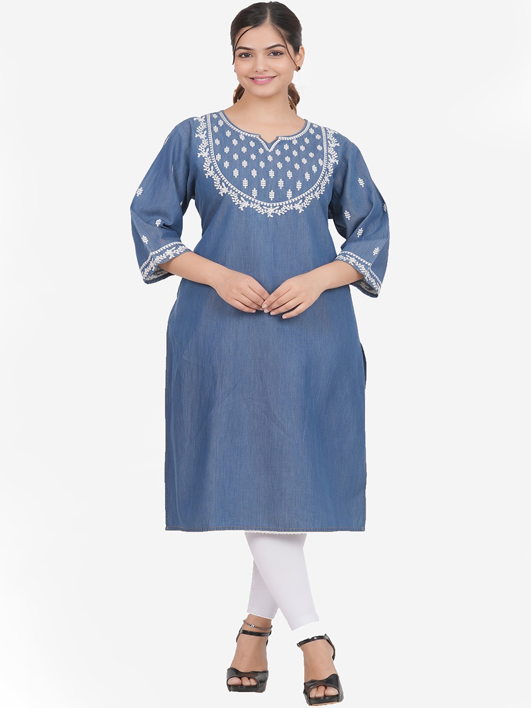 SUMAVI-FASHION Ethnic Motifs Yoke Design Thread Work Denim Kurta, Blue