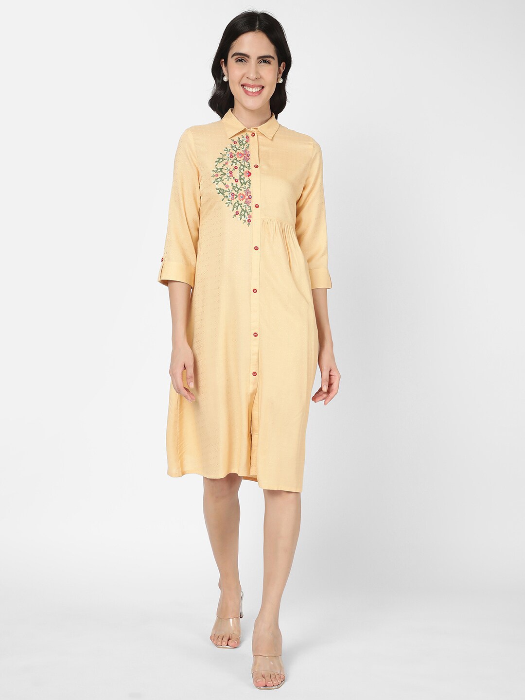 

R&B Floral Embroidered Roll-Up Sleeves Shirt Midi Dress, Beige