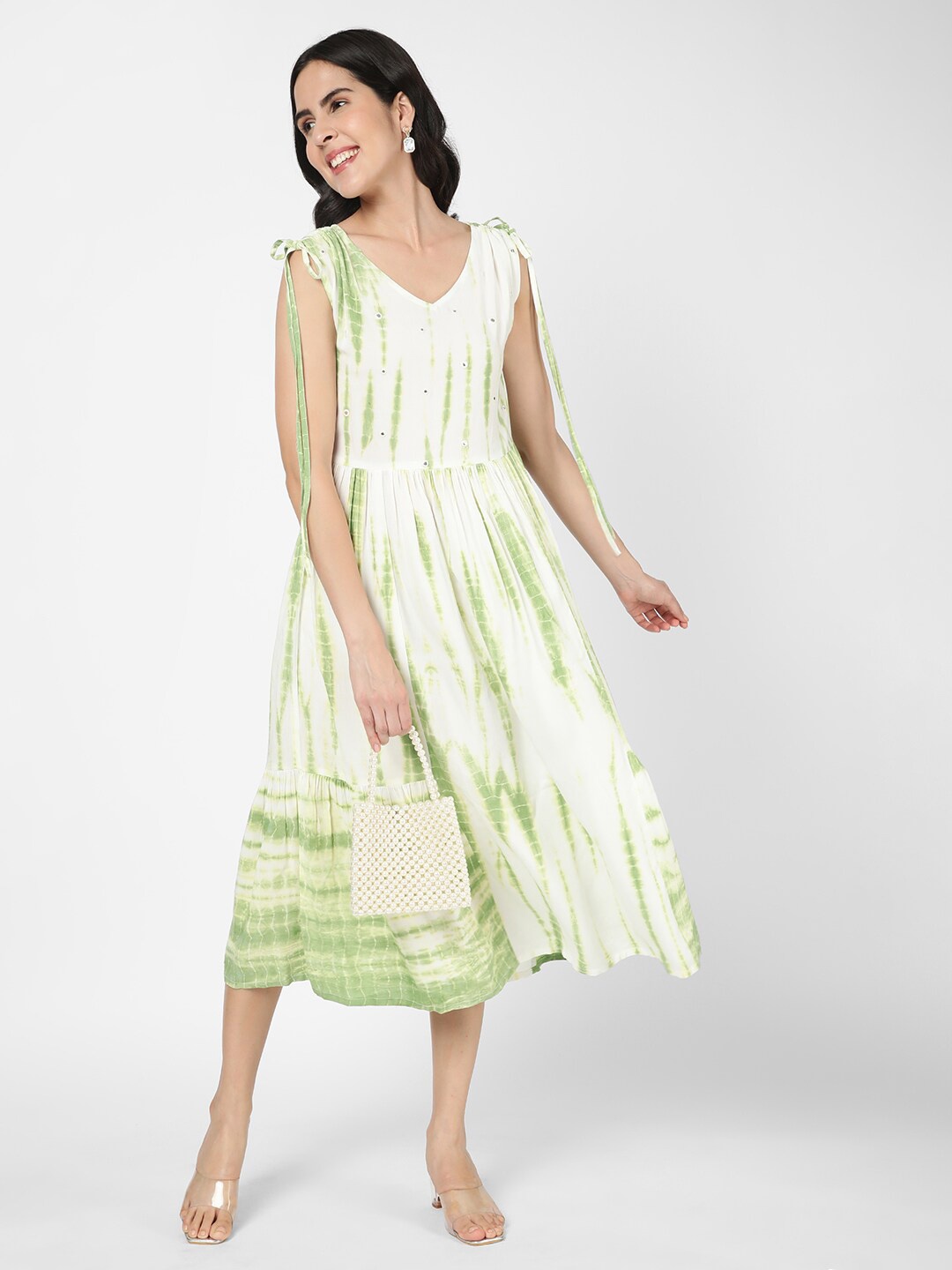

R&B Purple Tie and Dye Tie-Up Detail A-Line Midi Dress, Lime green