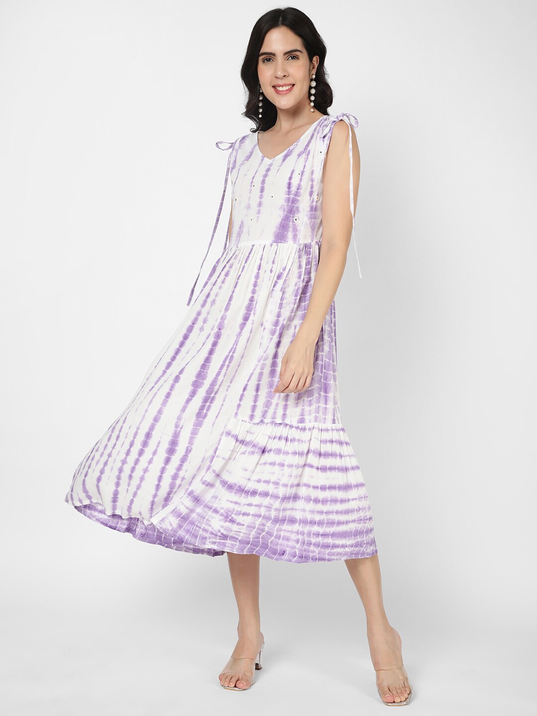 

R&B Purple Tie and Dye Tie-Up Detail A-Line Midi Dress, Lavender