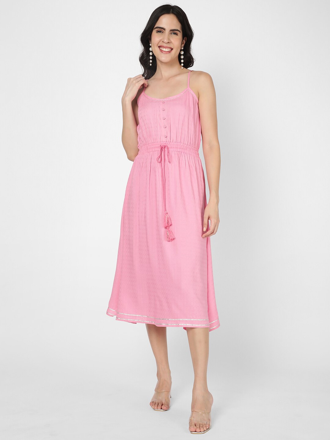 

R&B Self Design Tie-Up A-Line Midi Dress, Pink