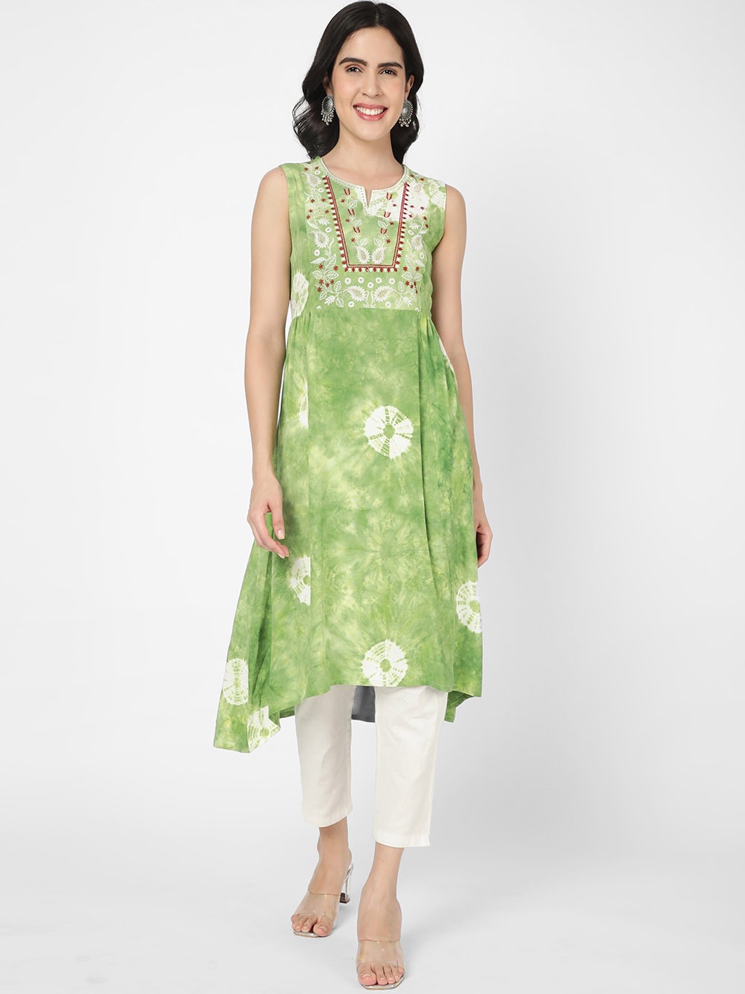 

R&B Abstract Dyed Thread Work A-Line Kurta, Green