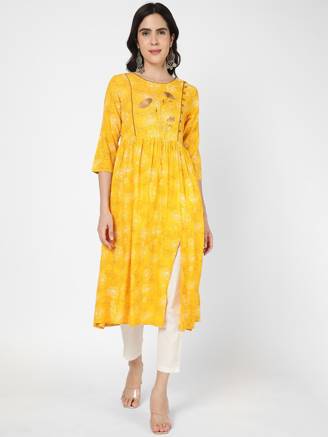 

R&B Floral Printed Thread Work Panelled Boat Neck A-Line Kurta, Yellow