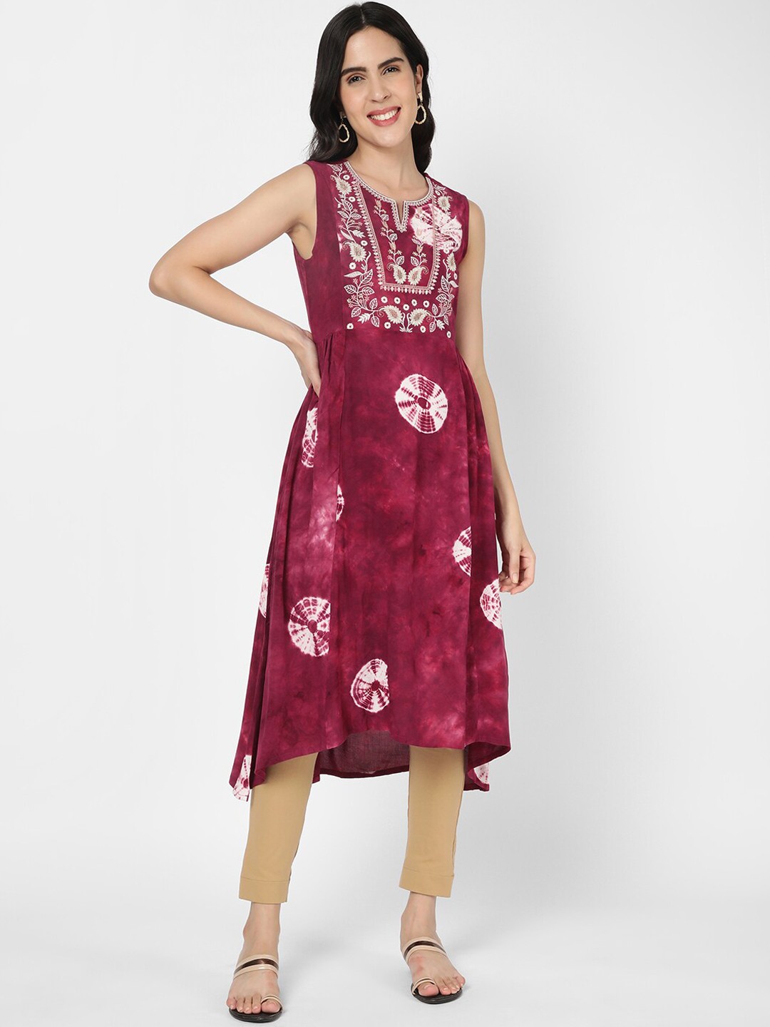

R&B Tie & Dyed Thread Work A-Line Kurta, Maroon
