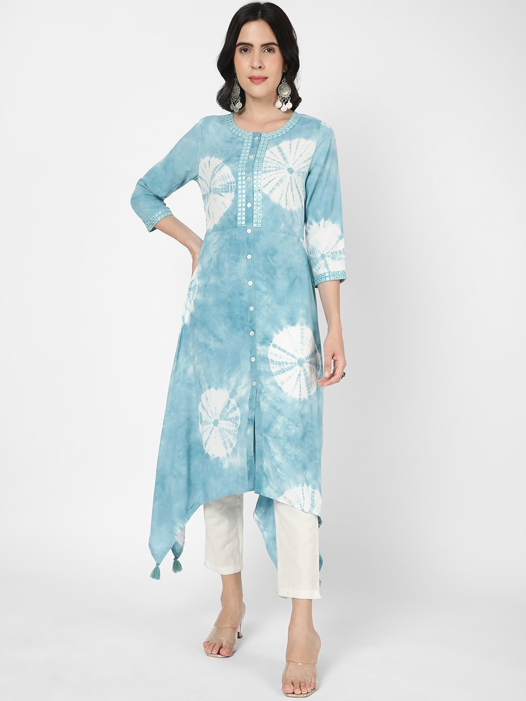 

R&B Dyed Mirror Work Asymmetric A-Line Kurta, Blue