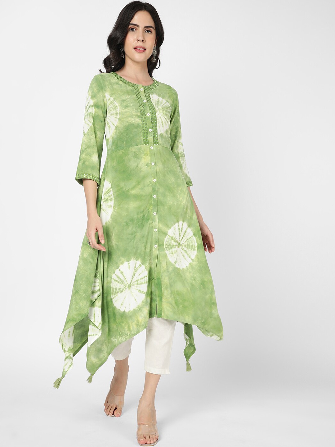 

R&B Dyed A-Line Asymmetric Kurta, Green