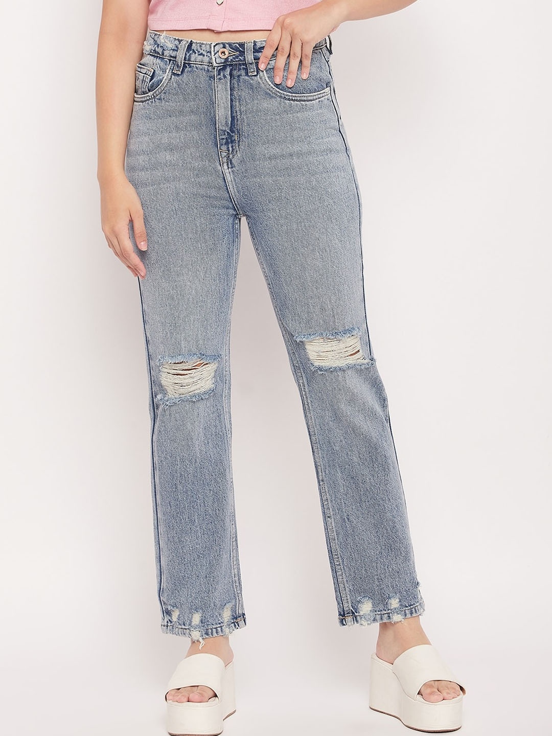 

CAMLA Women Straight Fit High-rise Low Distress Heavy Fade Cotton Jeans, Blue