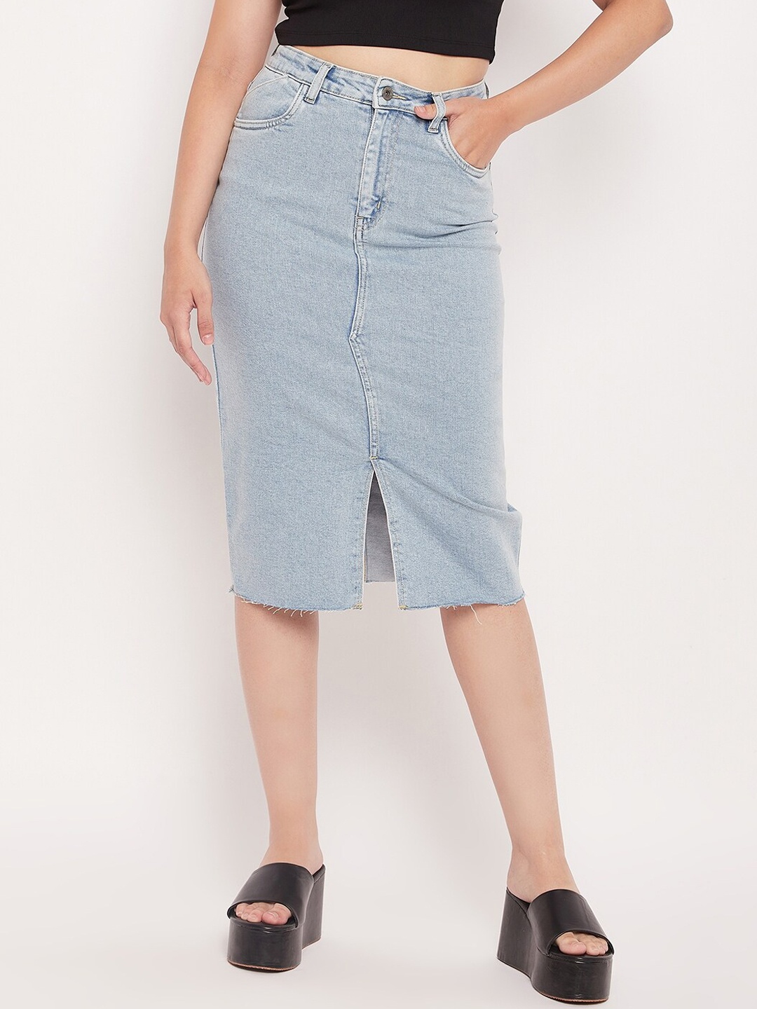 

CAMLA Women Front-Slit Pencil Midi Skirt, Blue