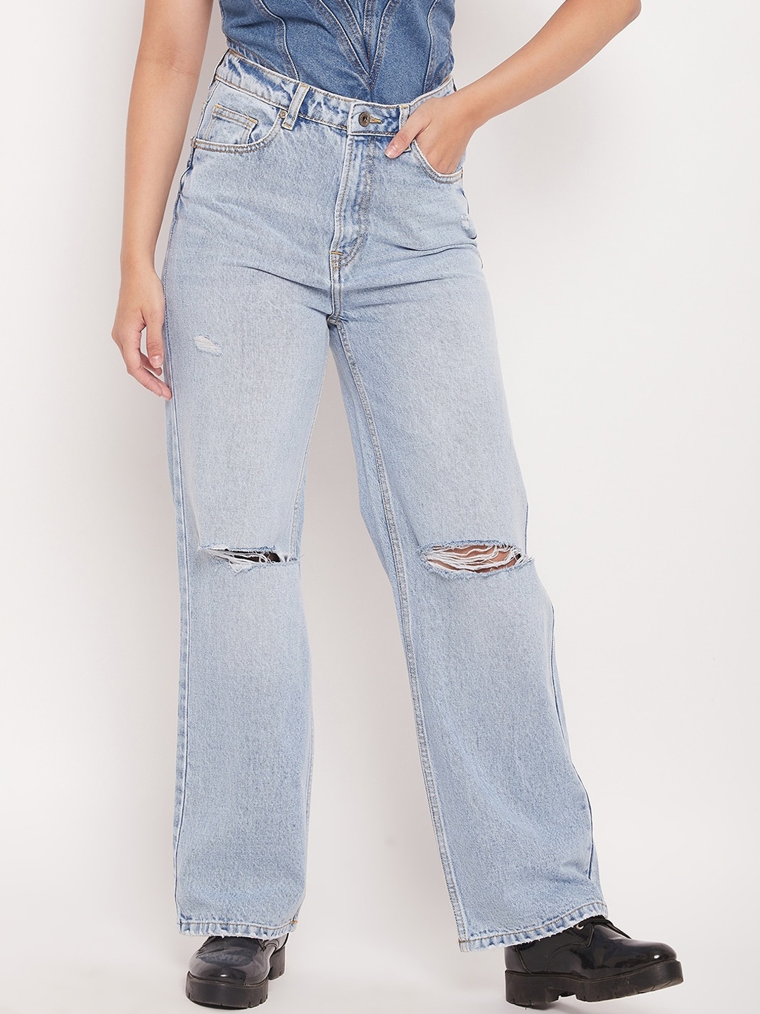 

CAMLA Women Straight Fit High-rise Slash Knee Light Fade Cotton Jeans, Blue