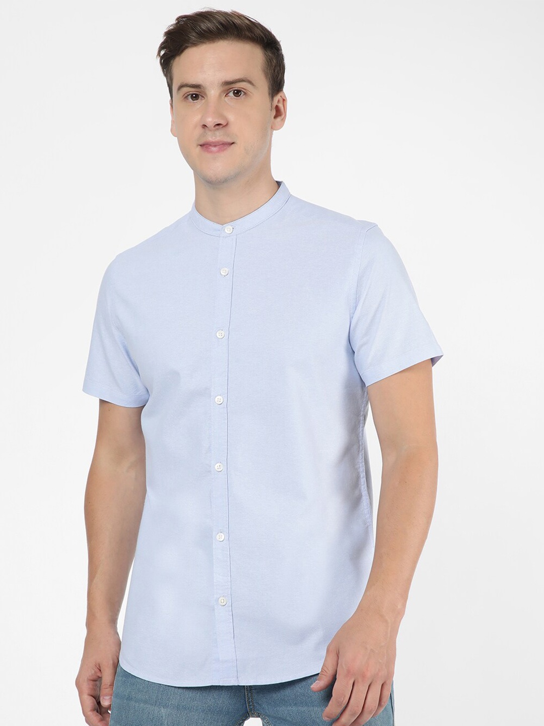 

R&B Band Collar Cotton Casual Shirt, Blue