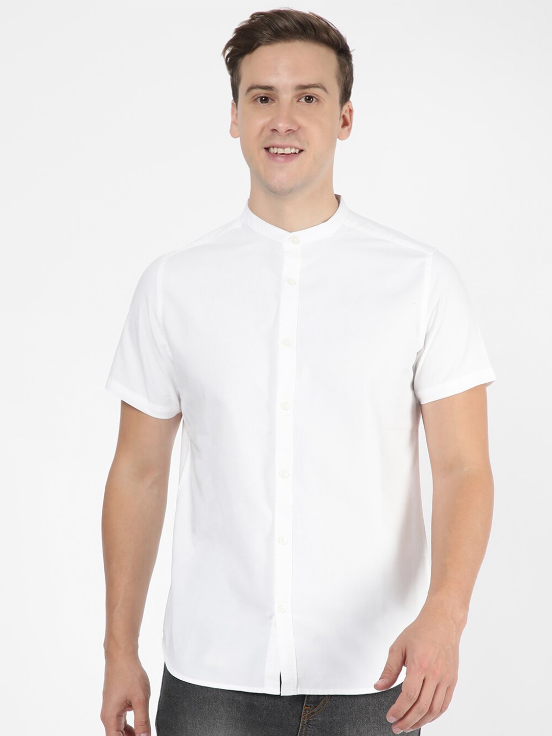 

R&B Band Collar Cotton Casual Shirt, White