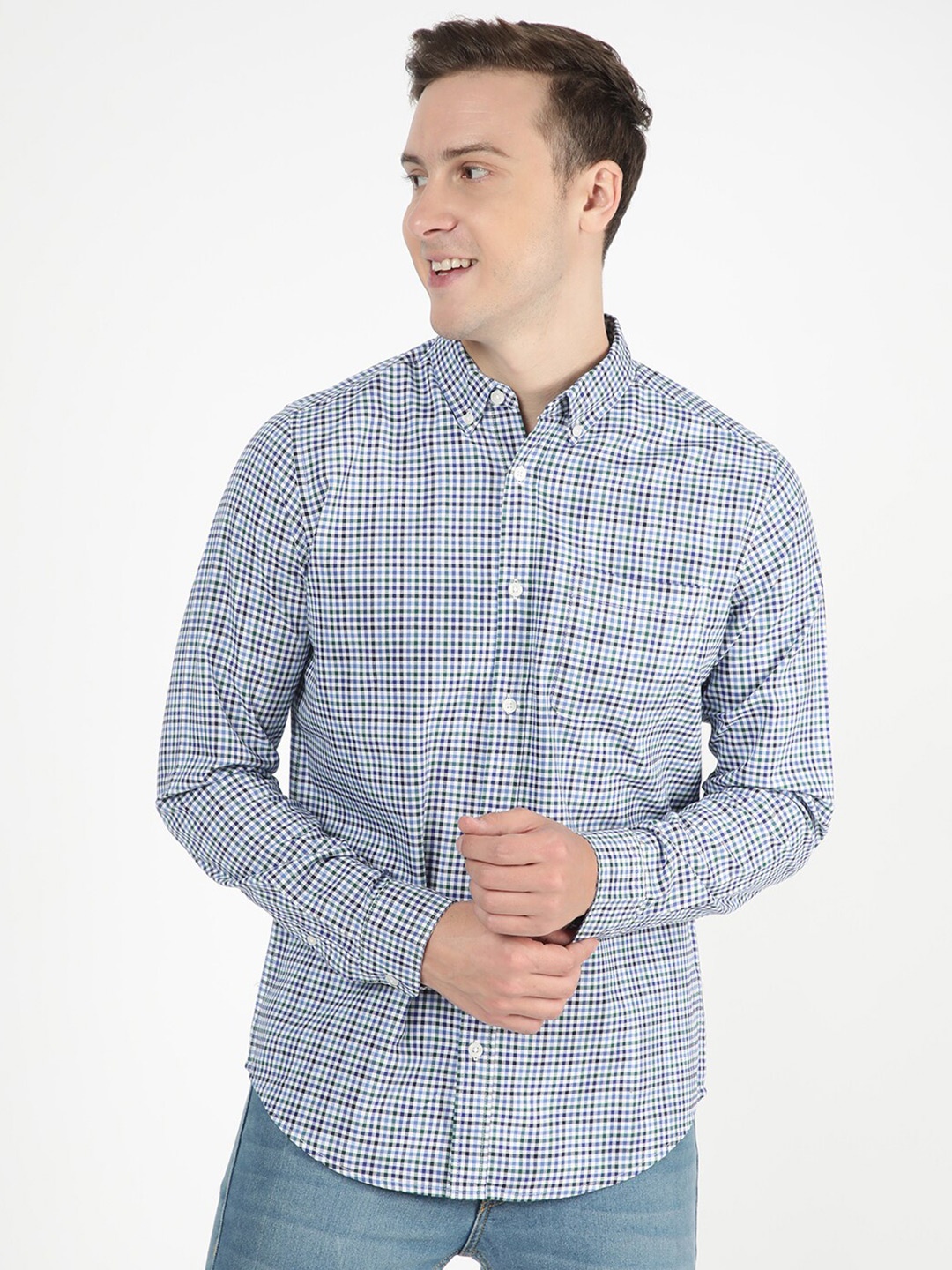 

R&B Tartan Checked Button Down Collar Casual Pure Cotton Shirt, White