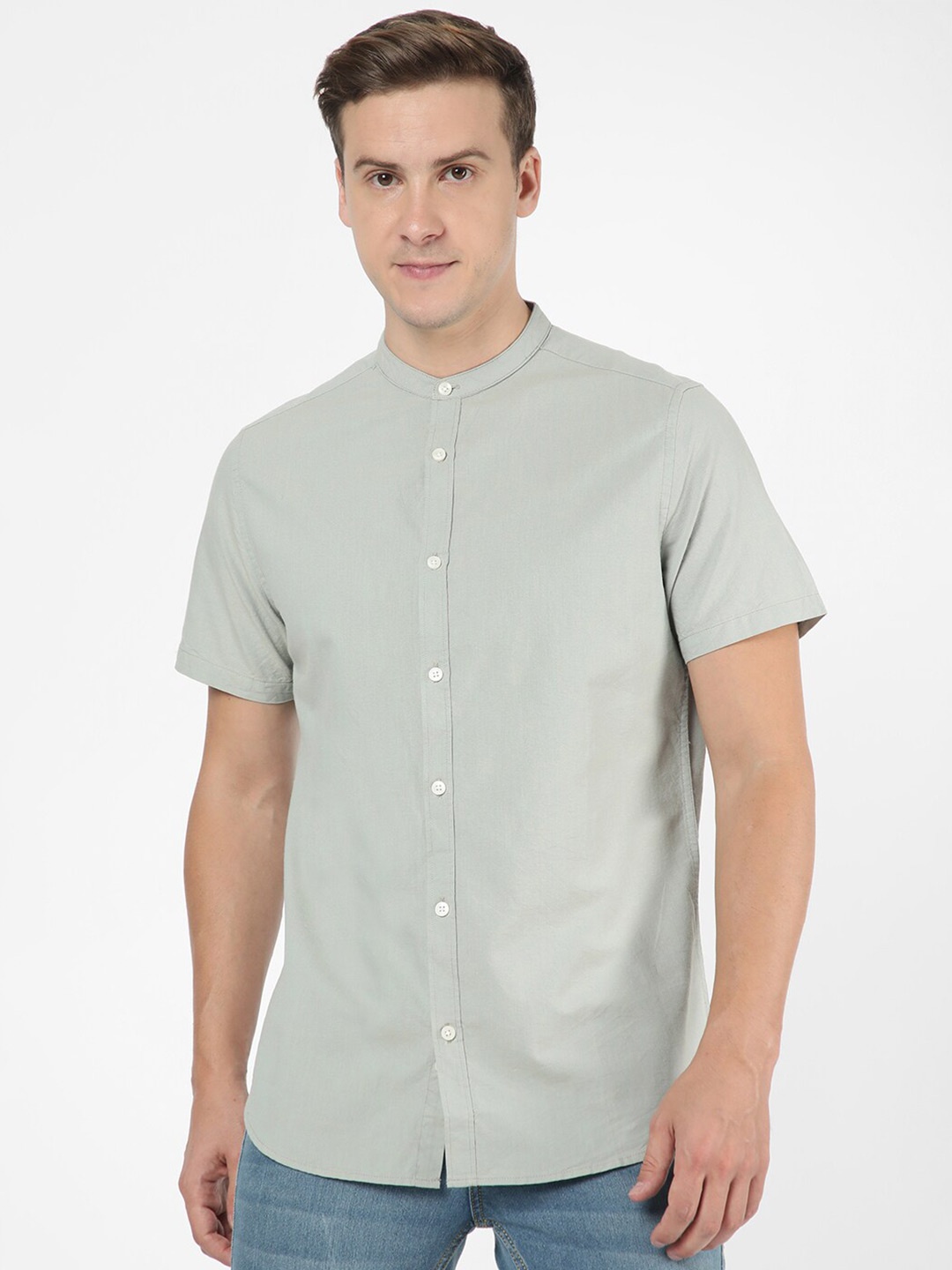 

R&B Band Collar Casual Pure Cotton Shirt, Green