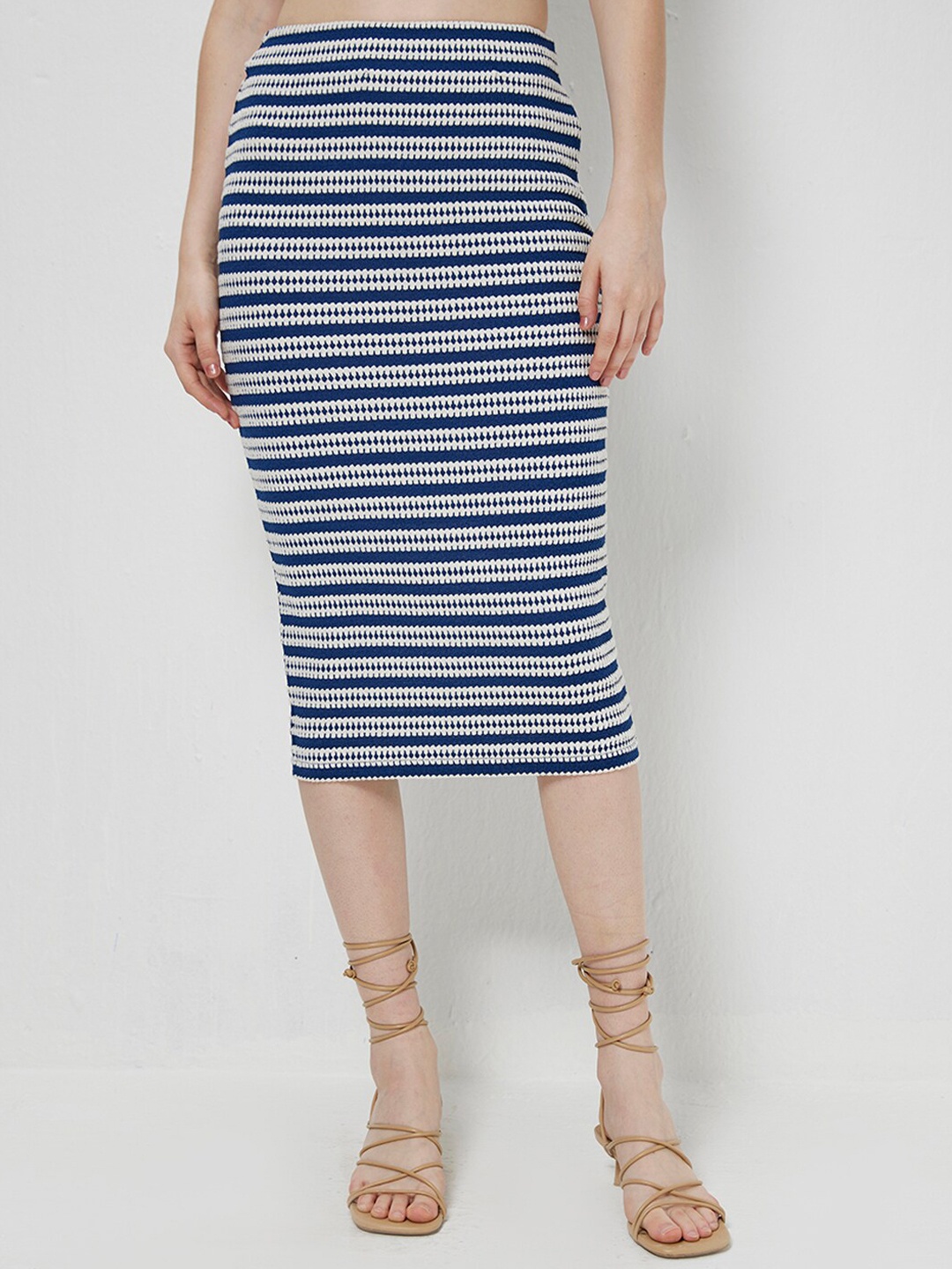 

COVER STORY Women Navy Blue & White Striped Midi Pencil Skirt