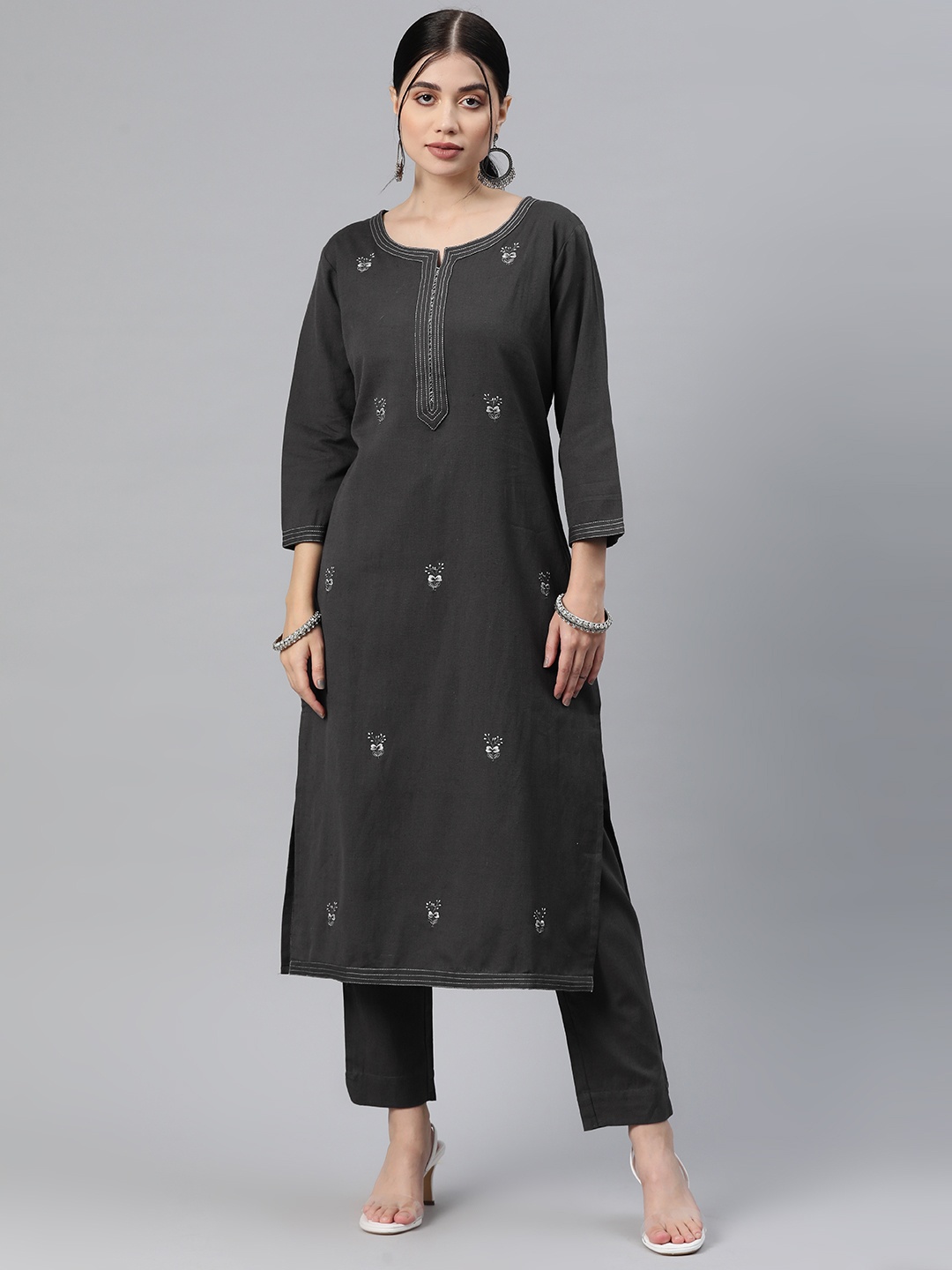 

Readiprint Embroidered Thread Work Pure Cotton Kurta With Trousers, Grey