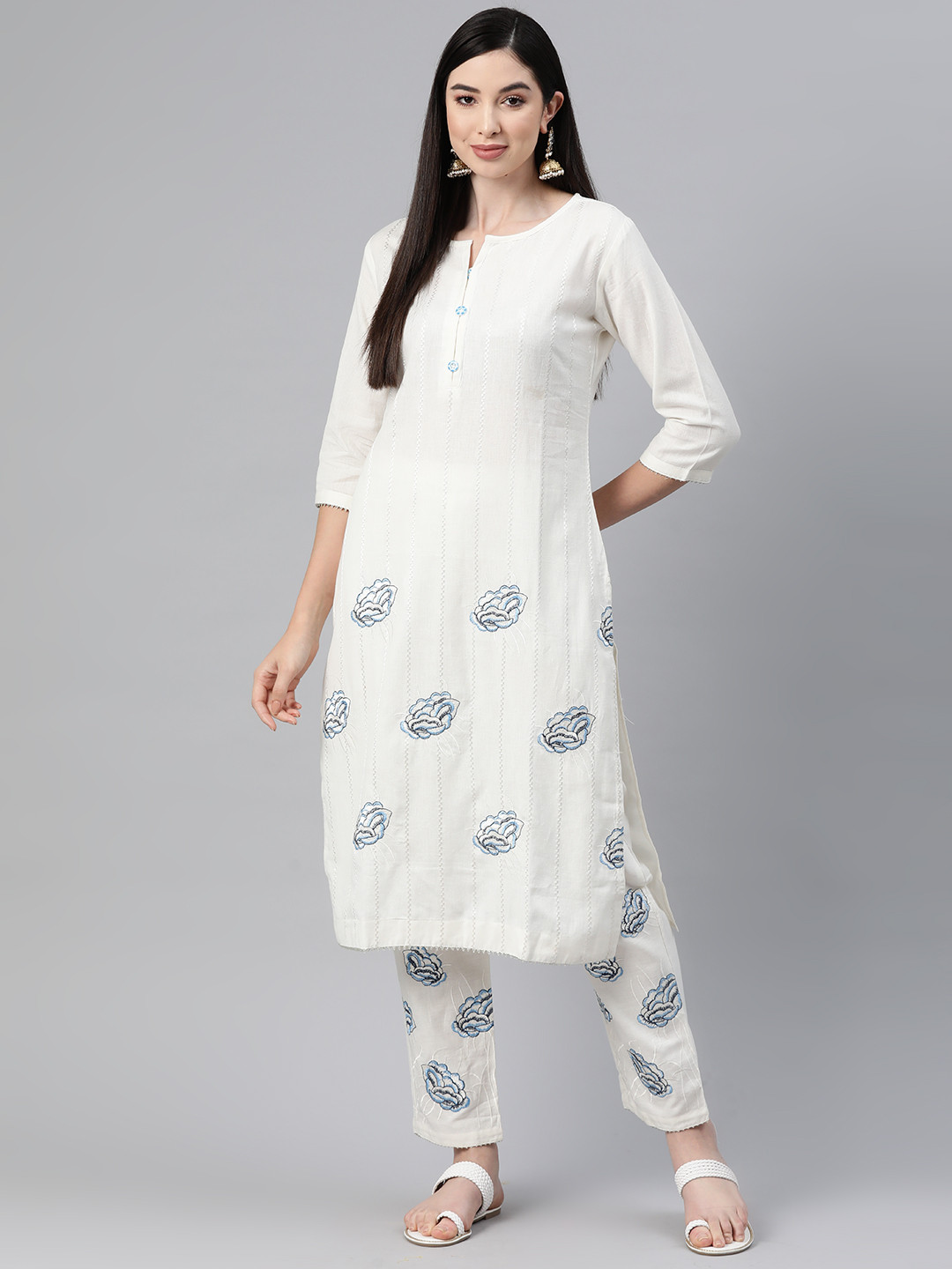 

Readiprint Fashions Floral Embroidered Thread Work Pure Cotton Kurta With Trousers, White