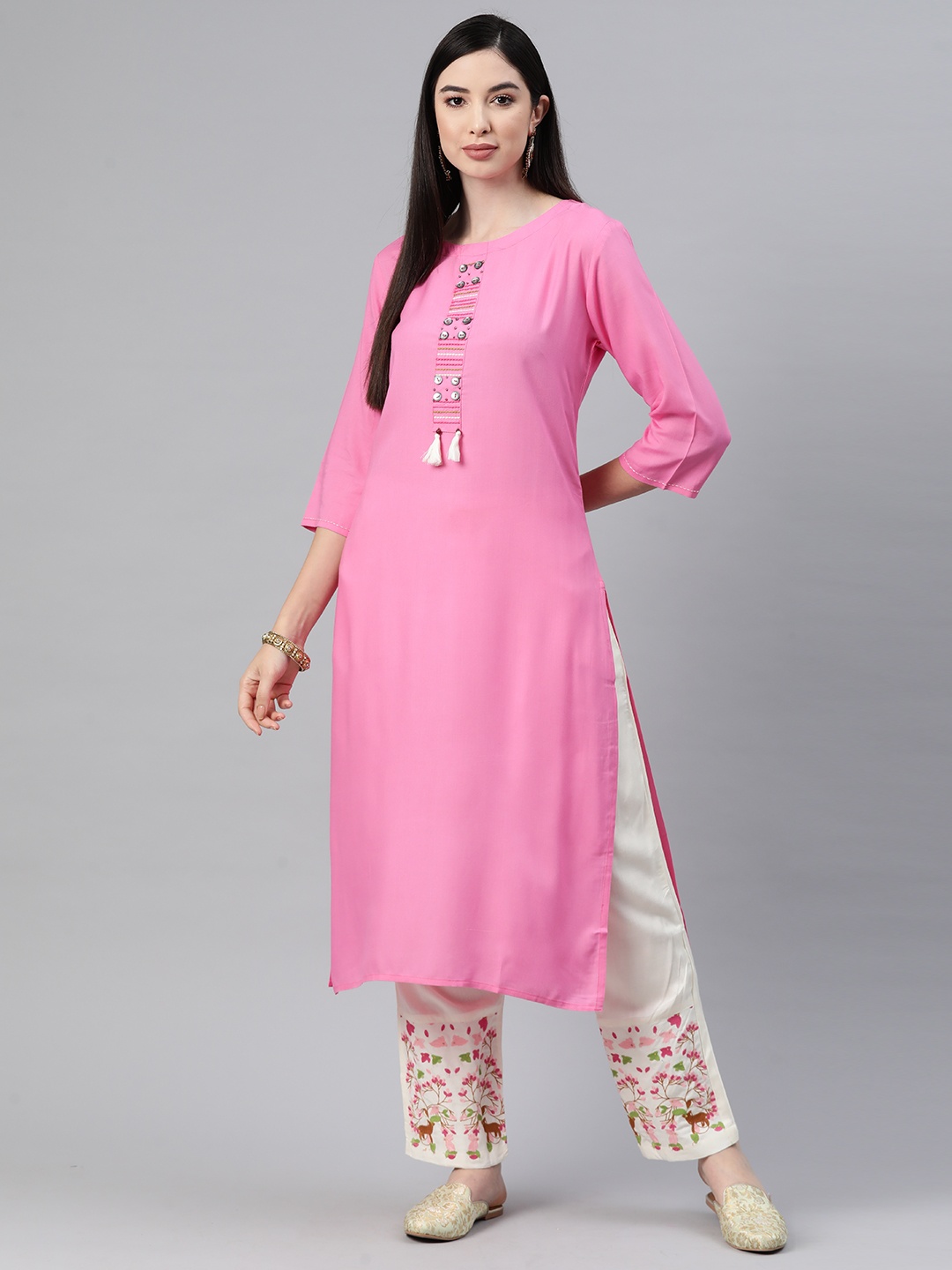 

Readiprint Fashions Regular Kantha Work Kurta With Palazzos, Pink