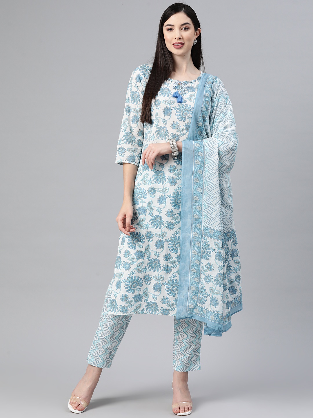 

Readiprint Floral Printed Sequinned Pure Cotton Kurta With Palazzos & Dupatta, Blue