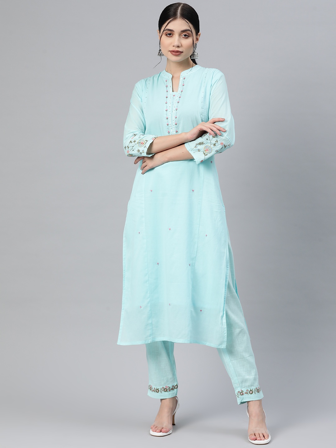 

Readiprint Fashions Floral Embroidered Sequinned Pure Cotton Kurta With Trousers, Blue