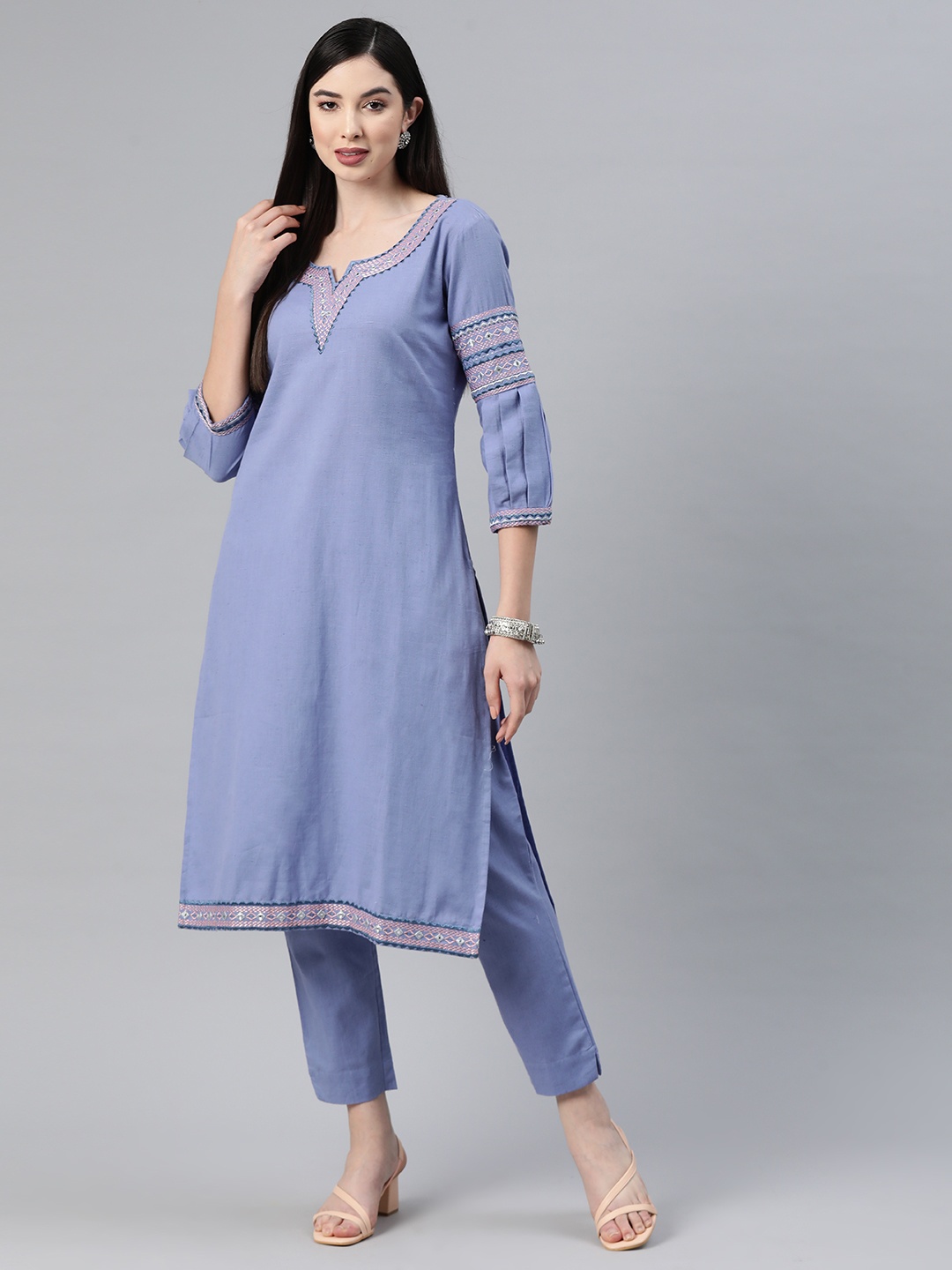 

Readiprint Fashions Embroidered Mirror Work Pure Cotton Kurta With Trousers, Blue